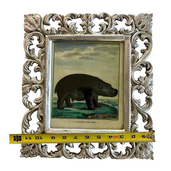 Large Pewter Ornate Picture Frame Hippopotamus Illustration Heavy 8 x 6.5" - Picture 7 of 11